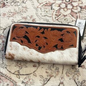 Floral Tooled Leather and Cowhide Wallet